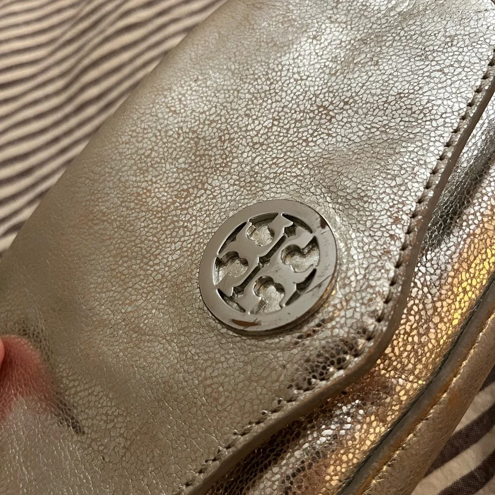 Tory Burch Metallic Taupe Leather Flap Wristlet